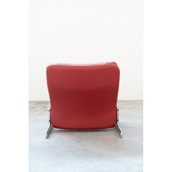 Image 1 of Vintage fauteuil en voetenbank in metaal en rood leer van Vitelli en Ammannati voor Brunati, Italië 1980