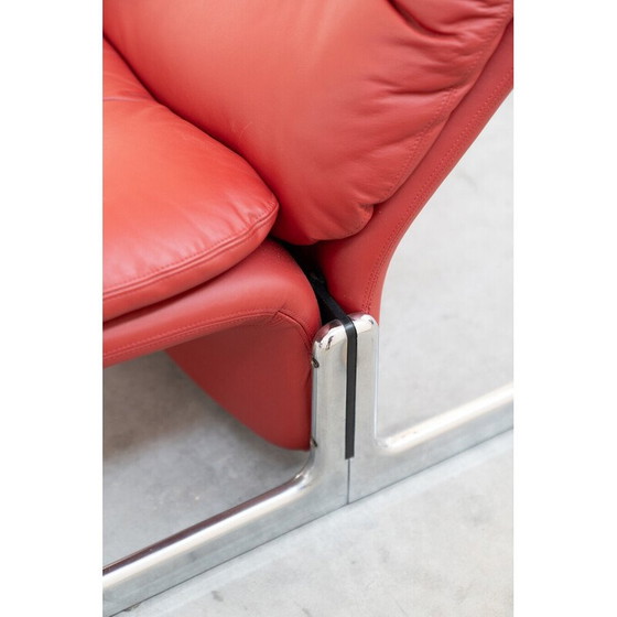 Image 1 of Vintage fauteuil en voetenbank in metaal en rood leer van Vitelli en Ammannati voor Brunati, Italië 1980