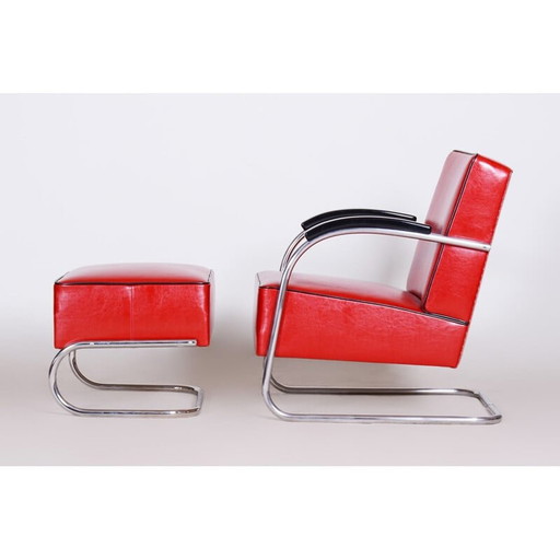 Vintage fauteuil met rood voetenbankje van Mucke Melder, Tsjecho-Slowakije jaren 1930