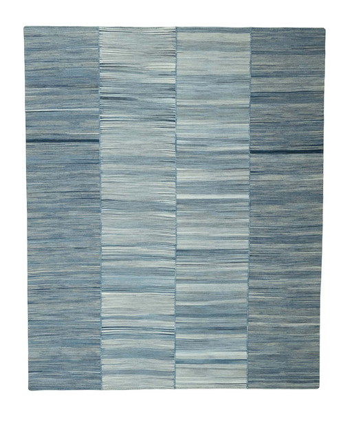 Handgeweven design kelim Fars 295 x 242 cm - Tijdloze elegantie in blauw