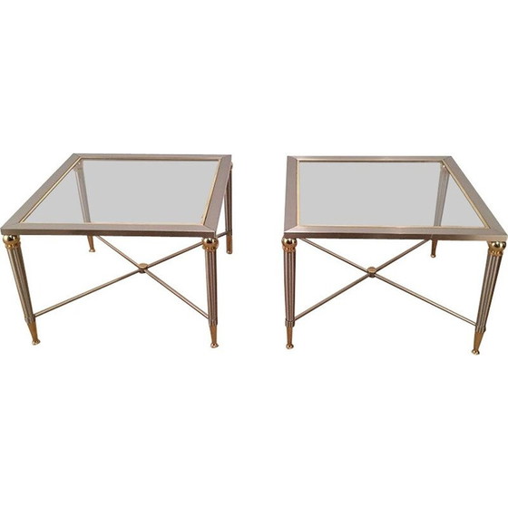 Image 1 of Paar vintage bankeinden van geborsteld staal en messing, 1970