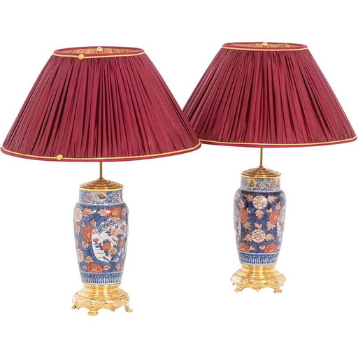 Paar vintage lampen van Imari porselein en verguld brons gedecoreerd met bloemen, Frankrijk 1880