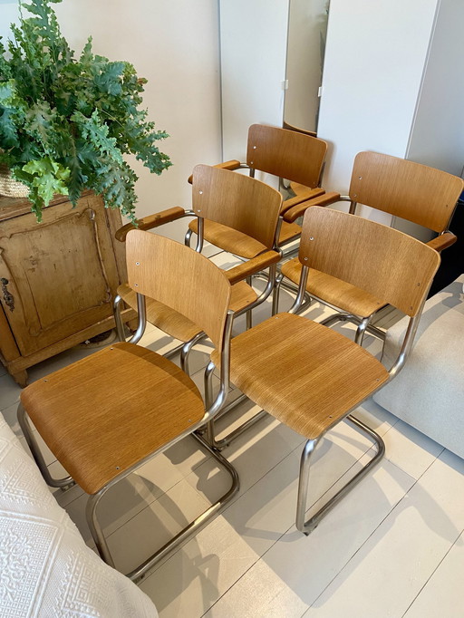 6x Originele Mart Stam Eiken Sledestoelen S43 Thonet