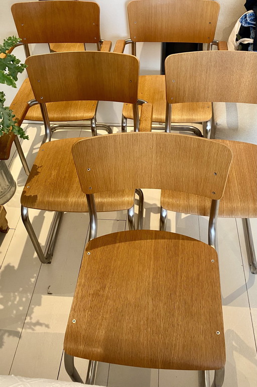 6x Originele Mart Stam Eiken Sledestoelen S43 Thonet