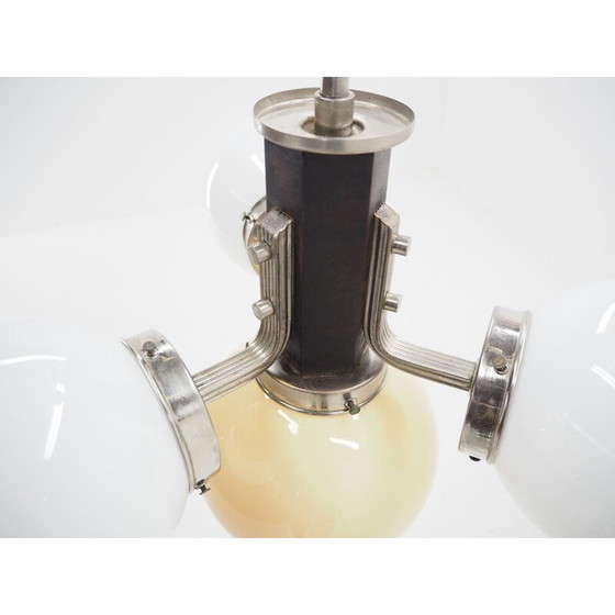 Image 1 of Vintage art deco kroonluchter in chroom en hout