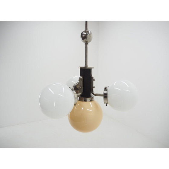 Image 1 of Vintage art deco kroonluchter in chroom en hout