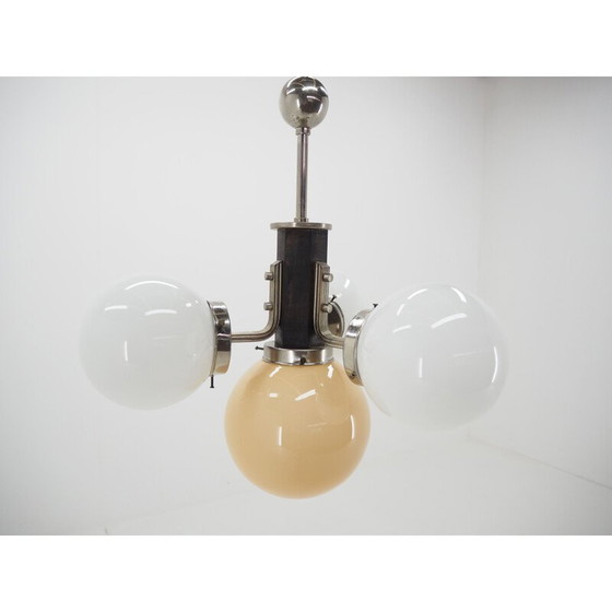 Image 1 of Vintage art deco kroonluchter in chroom en hout