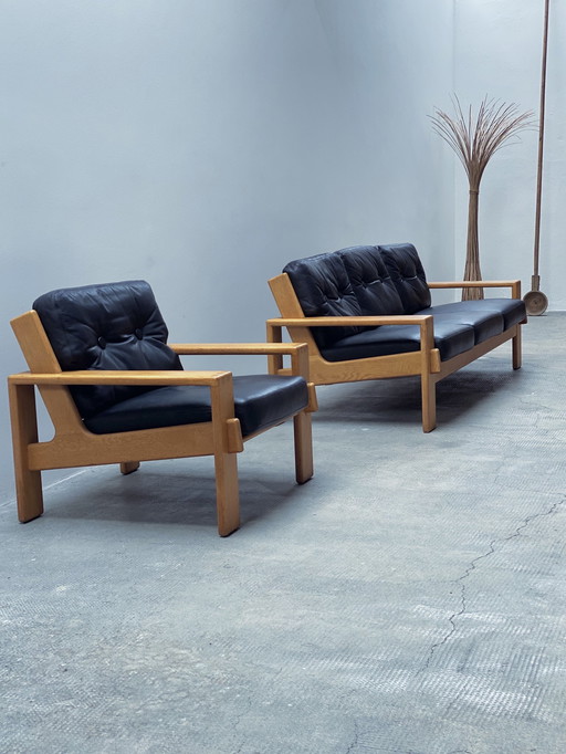 Esko Pajamies Voor Asko "Bonanza" Sofa / 3-zits & Fauteuil Set Leer Zwart Massief Eikenhout, Finland 1970