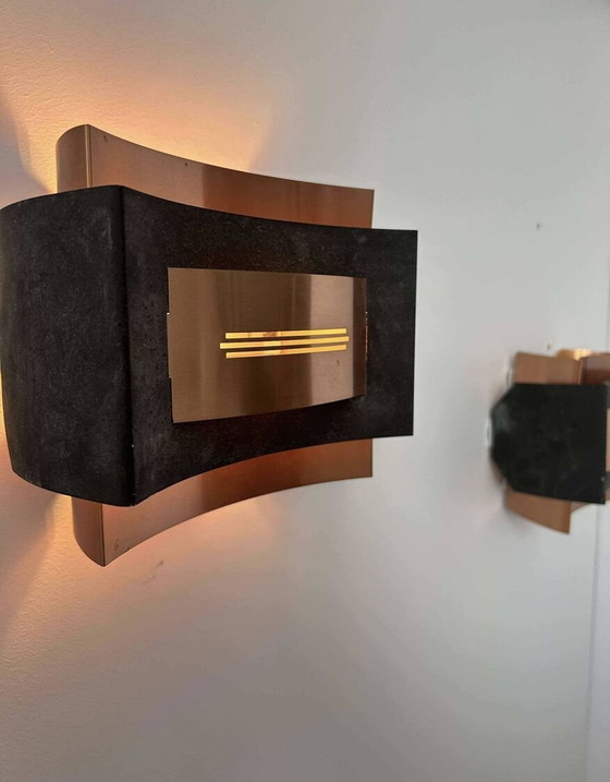 Image 1 of 2X koperen wandlampen - Nederland 1960