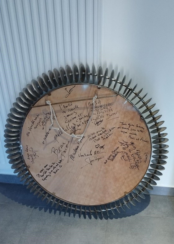 Image 1 of Grote vintage spiegel, brutalistisch, zon type, rond, handgemaakt - Folk Art