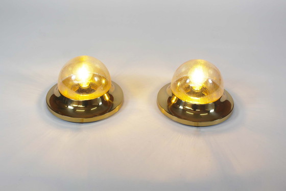 Image 1 of 2x Amberkleurig glas en messing vintage wandlampen