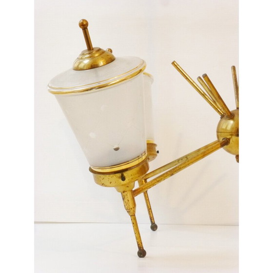 Image 1 of Vintage kroonluchter van glas en verguld messing, 1950