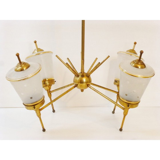 Image 1 of Vintage kroonluchter van glas en verguld messing, 1950