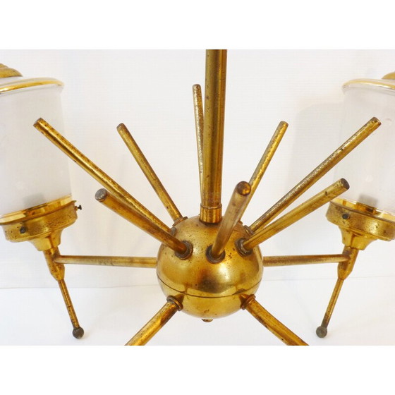 Image 1 of Vintage kroonluchter van glas en verguld messing, 1950