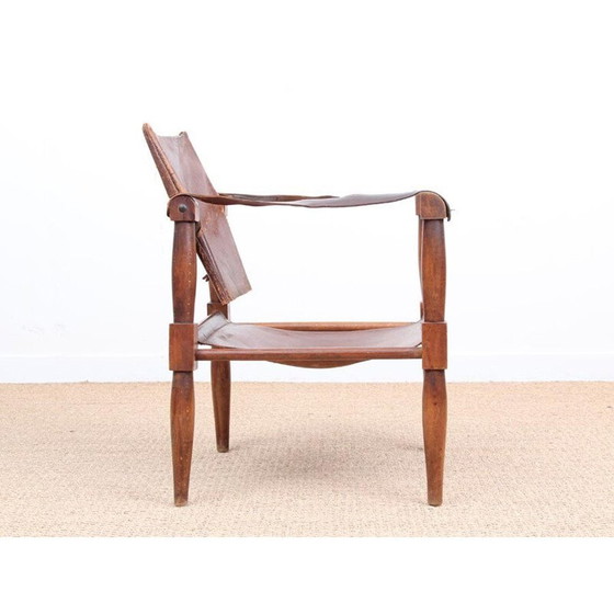 Image 1 of Paar vintage leren en beukenhouten Safari stoelen - jaren 1940
