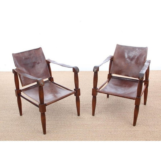 Image 1 of Paar vintage leren en beukenhouten Safari stoelen - jaren 1940