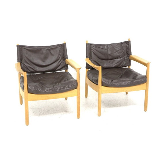 Image 1 of Paar vintage eiken en leren fauteuils, Zweden 1960