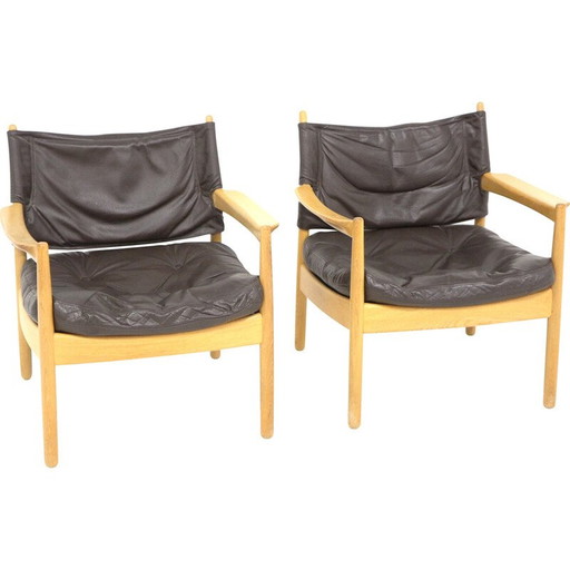 Paar vintage eiken en leren fauteuils, Zweden 1960