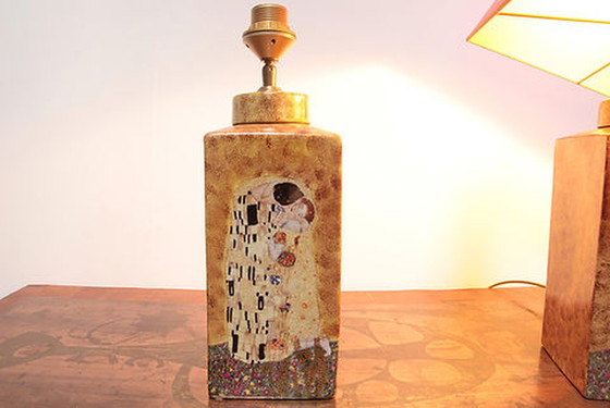 Image 1 of 2x Vintage tafellampen met Gustav Klimt print