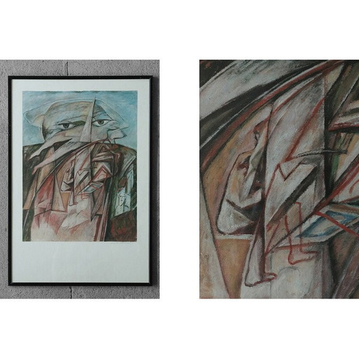 Vintage litho "Man met twee hoofden" door Cyr Frimout, 1990