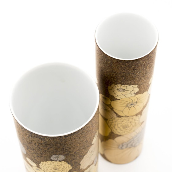 Image 1 of Rosenthal Studio-Line Alain Le Foll Goud Porseleinen Vaas Duo Mcm Retro Bloemen 70S