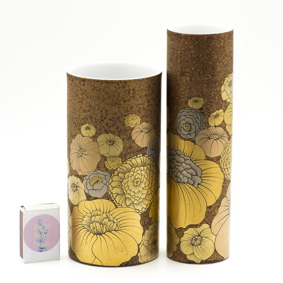 Image 1 of Rosenthal Studio-Line Alain Le Foll Goud Porseleinen Vaas Duo Mcm Retro Bloemen 70S