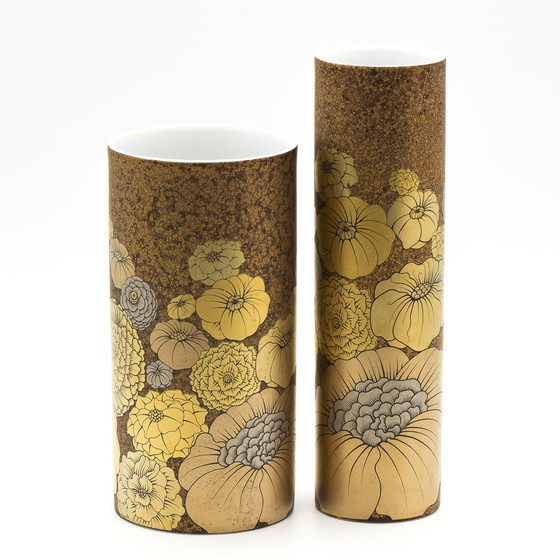 Image 1 of Rosenthal Studio-Line Alain Le Foll Goud Porseleinen Vaas Duo Mcm Retro Bloemen 70S