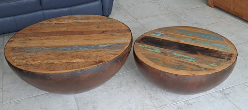 2x Ronde Metalen Tafels Met Ge- Recyclen Hout