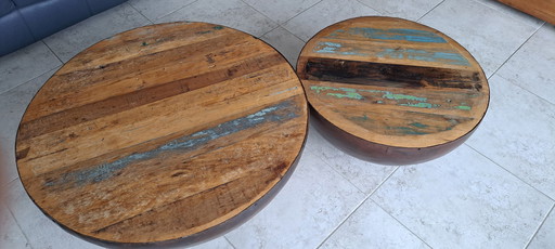 2x Ronde Metalen Tafels Met Ge- Recyclen Hout