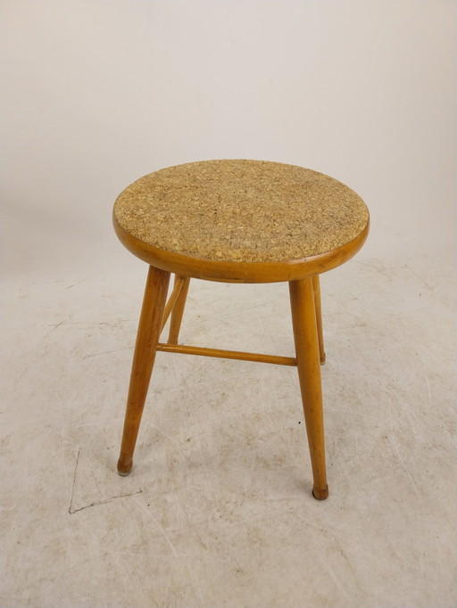 1 X Midcenturymodern Grenen Krukje Met Kurken Zitting 1960'S 