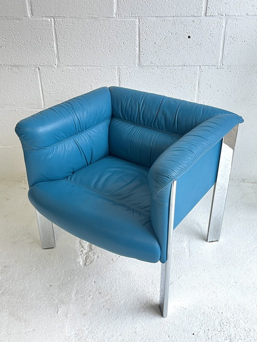 Turquoise Lederen Poltrona Frau Fauteuil, Interlude, Marco Zanuso