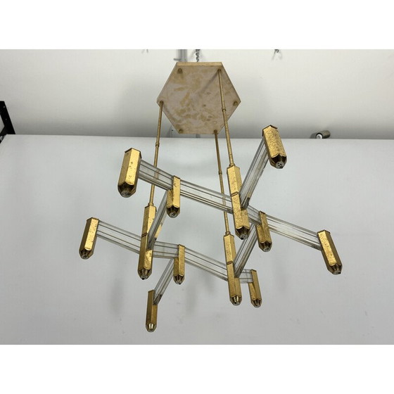 Image 1 of Vintage kroonluchter van messing en plexiglas voor Zeroquattro, Italië 1970