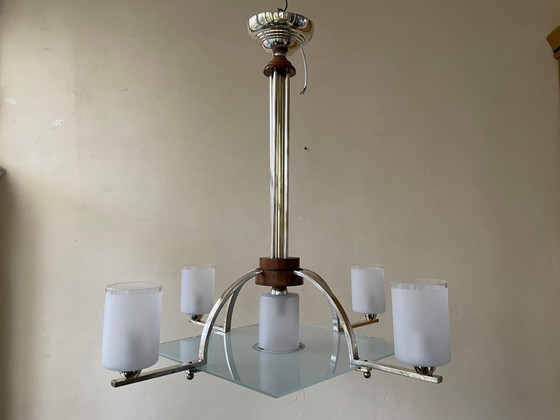 Image 1 of Grote Art Deco 1930 Lamp Hanglamp 4 Arms Glazen Schalen Frans