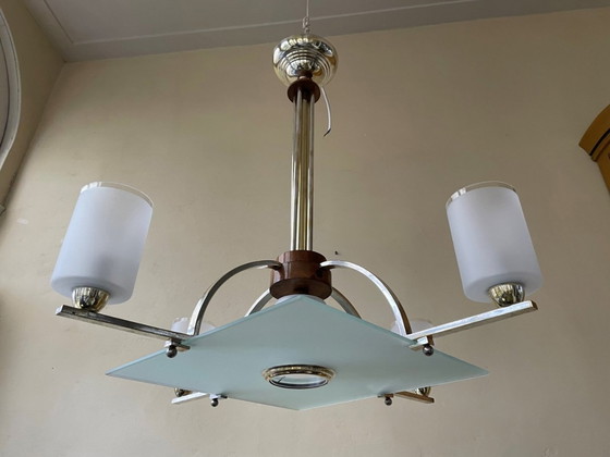 Image 1 of Grote Art Deco 1930 Lamp Hanglamp 4 Arms Glazen Schalen Frans