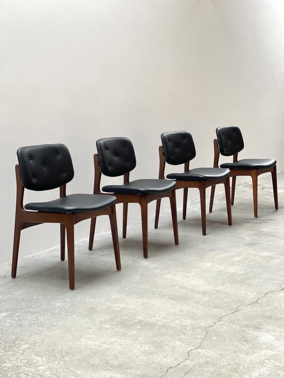 Image 1 of 4x Midcentury eetkamerstoelen walnoot Skai leer zwart