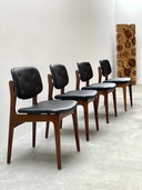 4x Midcentury eetkamerstoelen walnoot Skai leer zwart