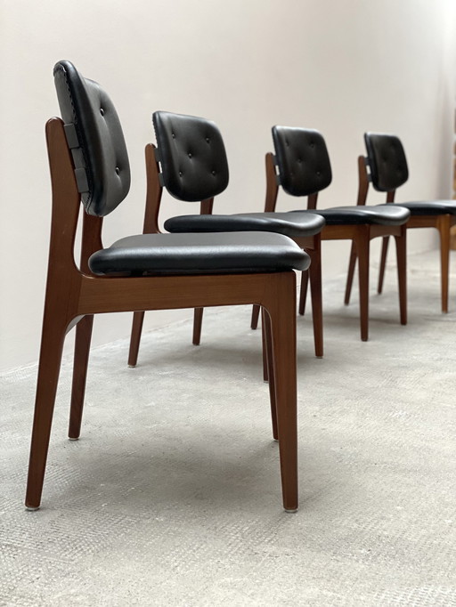 4x Midcentury eetkamerstoelen walnoot Skai leer zwart