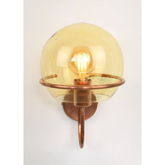 Image 1 of Mid Century koperen en glazen wandlamp