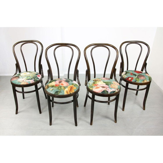 Image 1 of Set van 4 vintage fluwelen Thonet No. 18 eetkamerstoelen in donkerbruin