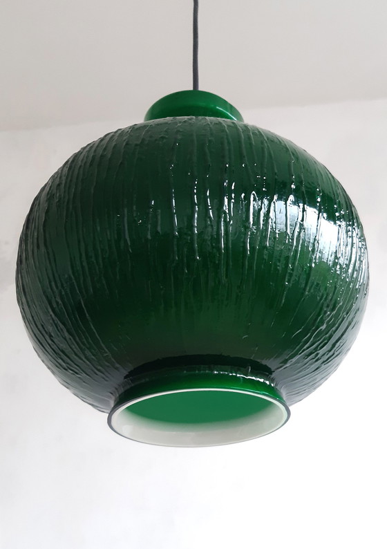 Image 1 of Zeldzame Gras Groene Geribbelde Glazen Vintage Hanglamp