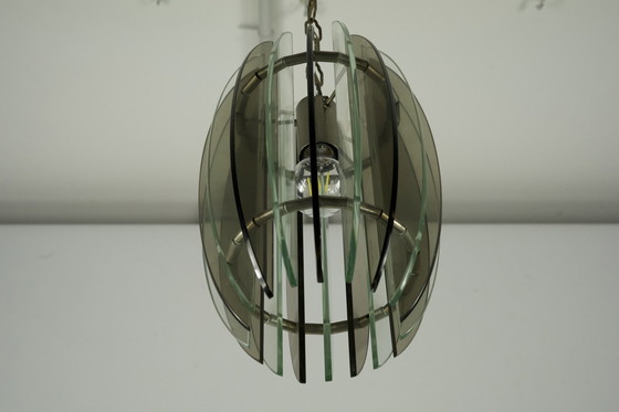 Image 1 of Mid Century Italiaanse kroonluchter met rook en helder dik glas van Veca. Italië 1960S