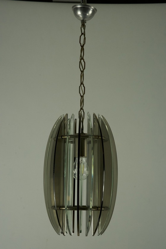 Image 1 of Mid Century Italiaanse kroonluchter met rook en helder dik glas van Veca. Italië 1960S