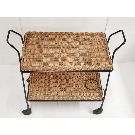 Image 1 of Vintage rotan en stalen serveertafel, jaren 1950