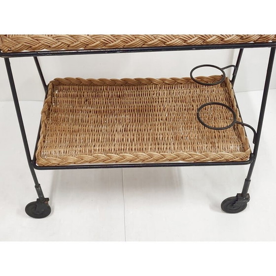 Image 1 of Vintage rotan en stalen serveertafel, jaren 1950