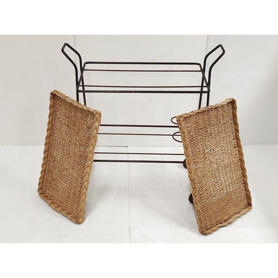 Image 1 of Vintage rotan en stalen serveertafel, jaren 1950