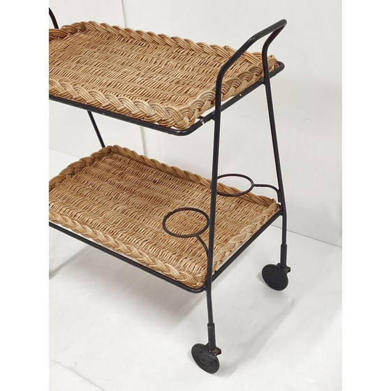 Image 1 of Vintage rotan en stalen serveertafel, jaren 1950