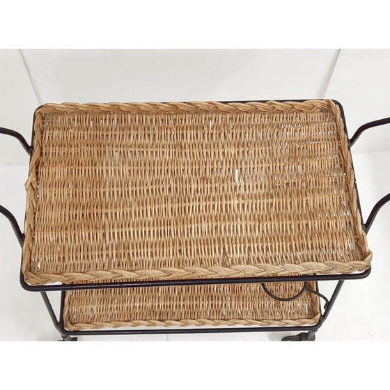 Image 1 of Vintage rotan en stalen serveertafel, jaren 1950