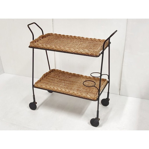 Vintage rotan en stalen serveertafel, jaren 1950