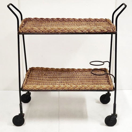 Image 1 of Vintage rotan en stalen serveertafel, jaren 1950