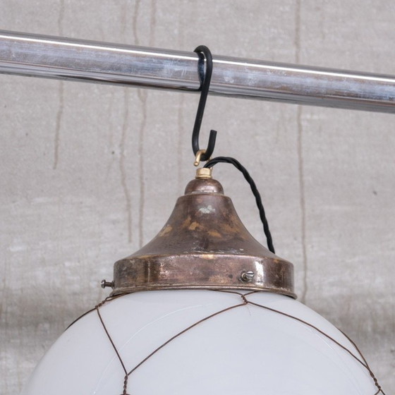 Image 1 of Vintage opaline en messing kooi-hanglampen, Holland 1950